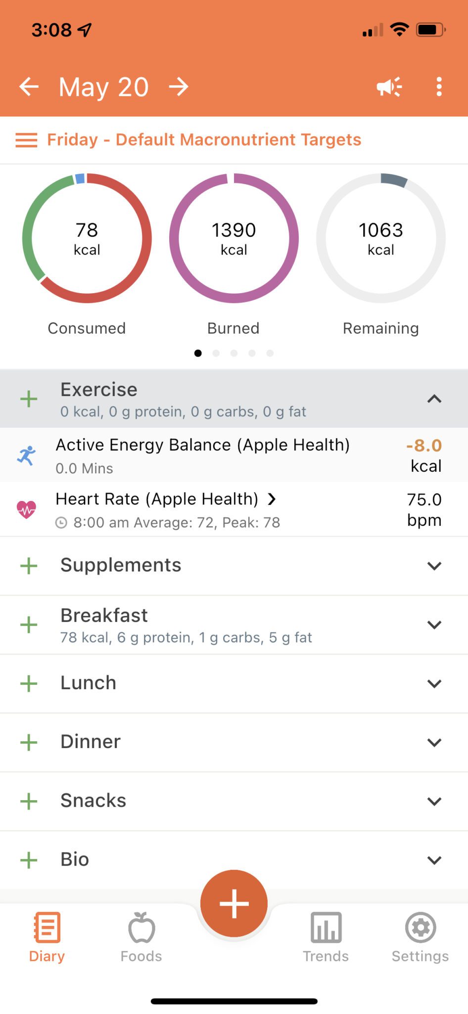 Click the heart rate entry in your diary.